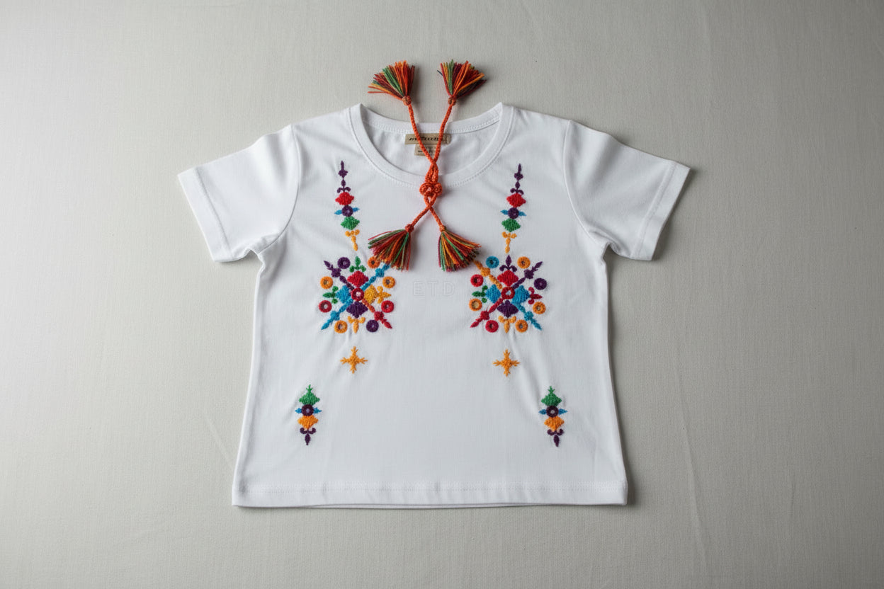 Hand-Embroidered "Bunch Style" White Cotton shirt with Multicolored Tassels