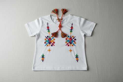 Hand-Embroidered "Bunch Style" White Cotton shirt with Multicolored Tassels