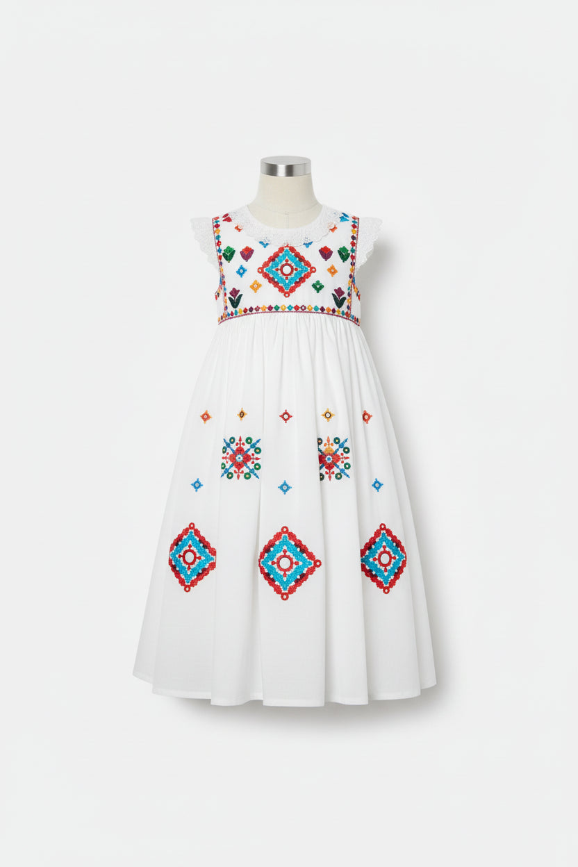 Hand-Embroidered "Bunch Style" White Cotton shirt with Multicolored Tassels