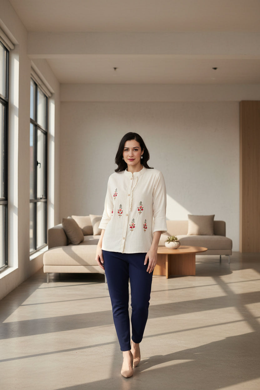 Flora & Fiber white shirt with  botanical embroidery