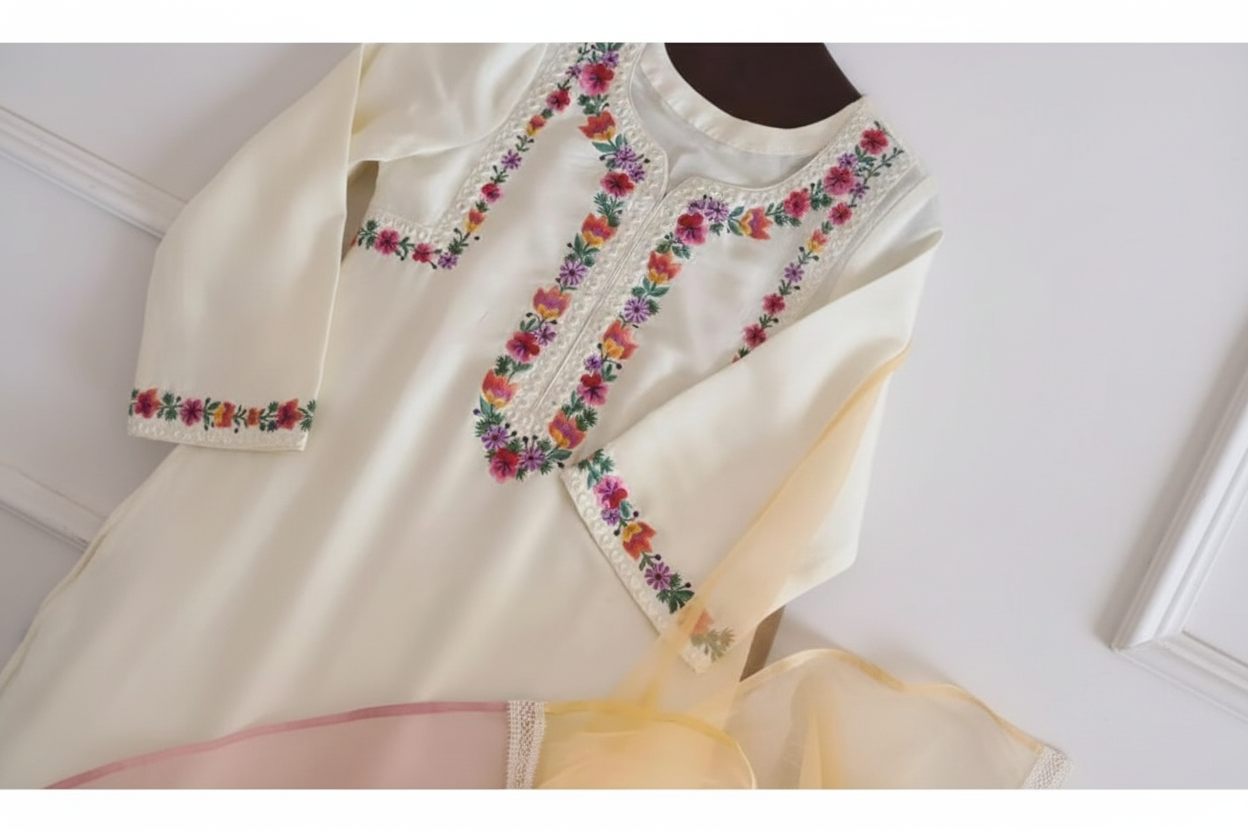 Prismatic Petals: Where clean minimalism meets a splash of vibrant, hand-stitched detail