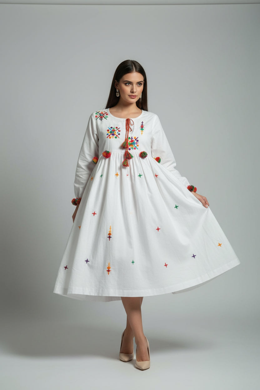 Hand-Embroidered "Bunch Style" White Cotton shirt with Multicolored Tassels