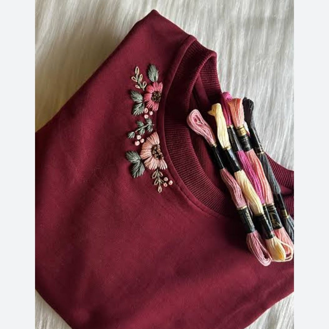 Maroon Meadow: Artisan Hand-Embroidered Floral Crewneck T-Shirt