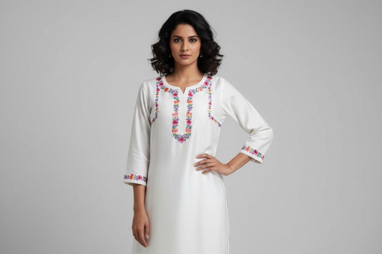 Prismatic Petals: Where clean minimalism meets a splash of vibrant, hand-stitched detail