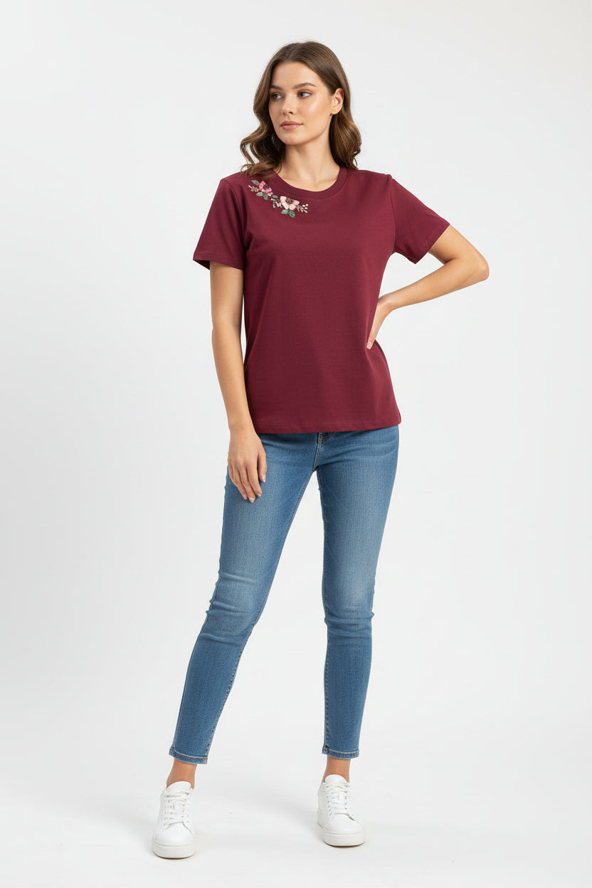Maroon Meadow: Artisan Hand-Embroidered Floral Crewneck T-Shirt