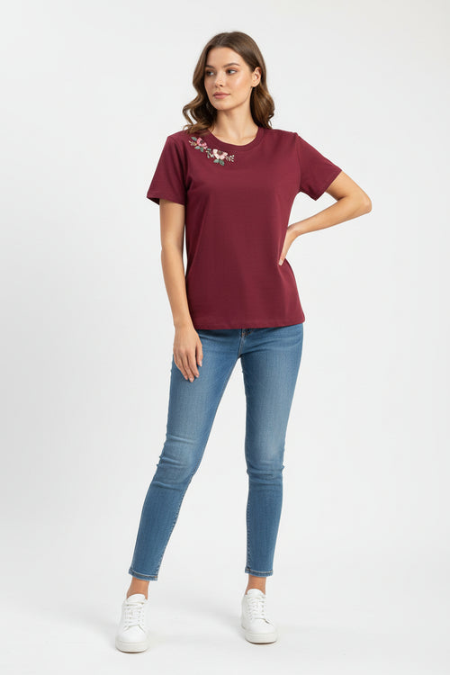 Maroon Meadow: Artisan Hand-Embroidered Floral Crewneck T-Shirt