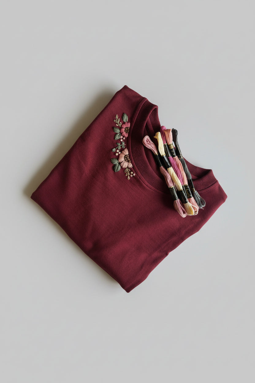 Maroon Meadow: Artisan Hand-Embroidered Floral Crewneck T-Shirt
